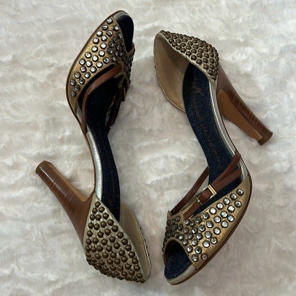 Giuseppe Zanotti Rhinestone Studded Bronze And Brown w Denim Insole Sandals 6.5 - Picture 2 of 12